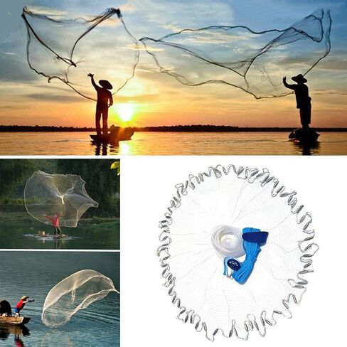 Yeahmart American Saltwater Fishing Cast Net for Bait Trap Fish 3ft/4ft/5ft/6ft/7ft/8ft/9ft/10ft Radius Casting Nets with Heavy Duty Real Zinc Sinker Weights, 3/8inch Mesh Size in Kuwait