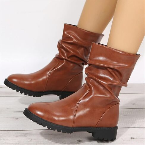 KRHINO Womens Boots, Pleated Black Boots Women's Calf Boots Retro White Women's Shoes Women's. in Kuwait