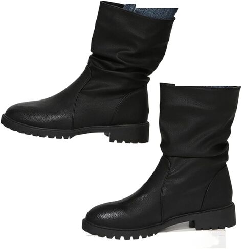 KRHINO Womens Boots, Pleated Black Boots Women's Calf Boots Retro White Women's Shoes Women's. in Kuwait