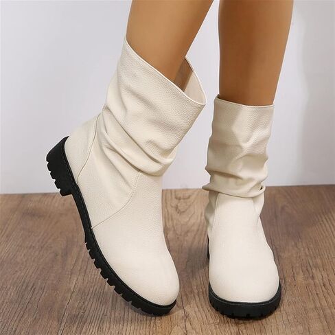 KRHINO Womens Boots, Pleated Black Boots Women's Calf Boots Retro White Women's Shoes Women's. in Kuwait