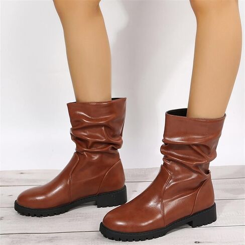 KRHINO Womens Boots, Pleated Black Boots Women's Calf Boots Retro White Women's Shoes Women's. in Kuwait