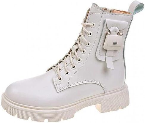 أحذية KRHINO النسائية، أحذية جلدية نسائية قصيرة الأكمام ورقبة دائرية، أحذية منصة مصنوعة يدويًا، أحذية قصيرة الأكمام، أحذية الخريف والشتاء. (اللون: بيج، الحجم: 7.5 UK) in Kuwait