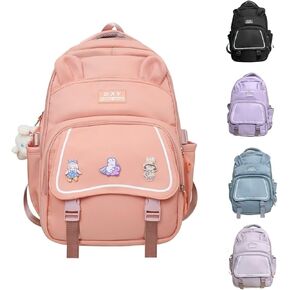 حقيبة ظهر FITSEN Kawaii مع ملحقات لطيفة وحقيبة كتب بلون واحد في الهواء الطلق، وقلادة لطيفة وثلاث شارات متضمنة (أسود) in Kuwait