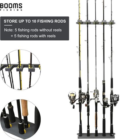 Booms Fishing WV4 Fishing Pole Holder, Wall Mounted Fishing Rod Holders for Garage, Vertical/Horizontal/Ceiling Fishing Pole Rack,Store Up to 10 Rods to Save Your Space, Black in Kuwait