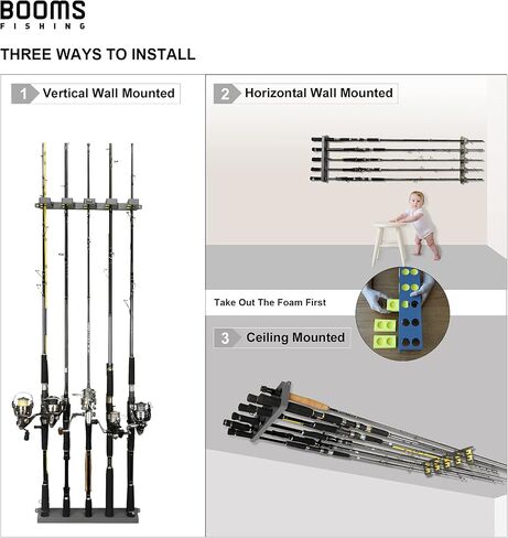 Booms Fishing WV4 Fishing Pole Holder, Wall Mounted Fishing Rod Holders for Garage, Vertical/Horizontal/Ceiling Fishing Pole Rack,Store Up to 10 Rods to Save Your Space, Black in Kuwait