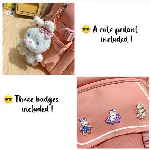 حقيبة ظهر FITSEN Kawaii مع ملحقات لطيفة وحقيبة كتب بلون واحد في الهواء الطلق، وقلادة لطيفة وثلاث شارات متضمنة (أسود) in Kuwait