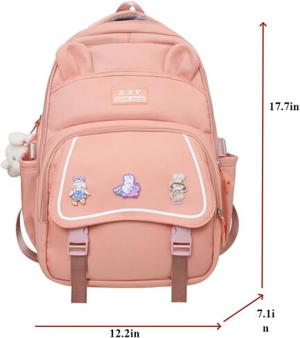 حقيبة ظهر FITSEN Kawaii مع ملحقات لطيفة وحقيبة كتب بلون واحد في الهواء الطلق، وقلادة لطيفة وثلاث شارات متضمنة (أسود) in Kuwait