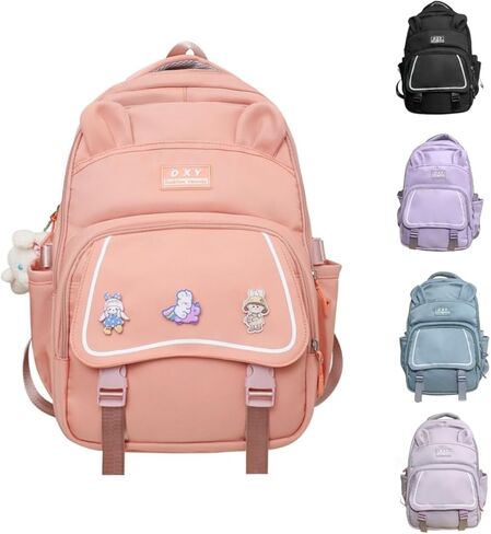 حقيبة ظهر FITSEN Kawaii مع ملحقات لطيفة وحقيبة كتب بلون واحد في الهواء الطلق، وقلادة لطيفة وثلاث شارات متضمنة (أسود) in Kuwait
