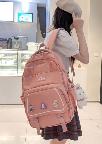 حقيبة ظهر FITSEN Kawaii مع ملحقات لطيفة وحقيبة كتب بلون واحد في الهواء الطلق، وقلادة لطيفة وثلاث شارات متضمنة (أسود) in Kuwait
