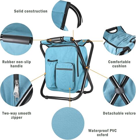 Kikerike Backpack Stool Cooler Chair Heavy Duty 300 LBS Max Load Portable Lightweight Folding Fishing Cooler for Camping Hunting Fishing - Black in Kuwait