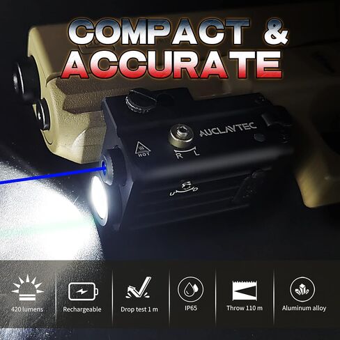 AUCLAYTEC Pistol Flashlight Green Laser Combo 420 Lumens Pistol Light Recharge Tatical Flashlight Fits for Picatinny MIL-STD-1913 Rail, Fits for Glock (with Built-in Battery) in Kuwait