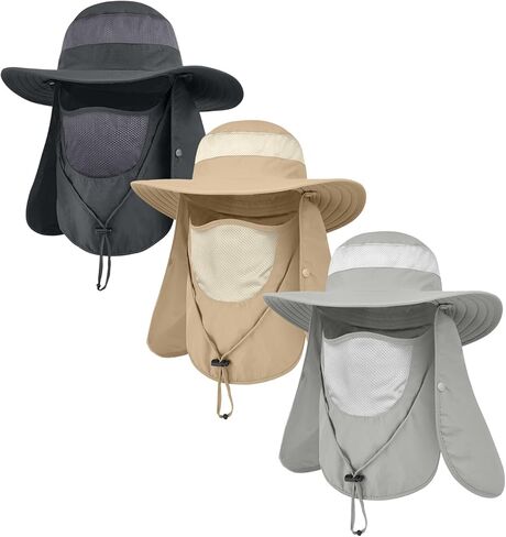 3 قطع من قبعة الشمس الخارجية للرجال/النساء، قبعة صيد بعامل حماية من الأشعة فوق البنفسجية 50 مع غطاء كامل للرقبة والوجه للتنزه سيرًا على الأقدام والحديقة in Kuwait