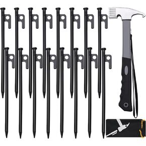 8/10/12/16in Tent Stakes and Hammer Set, 8pcs Heavy Duty Forged Steel Tent Stakes + Camping Hammer + Storage Pouch, Available in Rocky Place(8pcs 10in Stakes and Hammer)