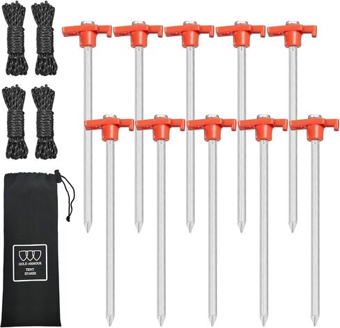 Gold Armour Galvanized Non-Rust Camping Family Tent Pop Up Tent Stakes Heavy Duty 10pc-Pack, with 4x10ft Ropes (Orange) in Saudi Arabia