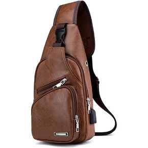 Men's Leather Sling Bag Multipurpose Daypack Shoulder Chest Crossbody Bag Black with USB Charging Port (Black) in Saudi Arabia