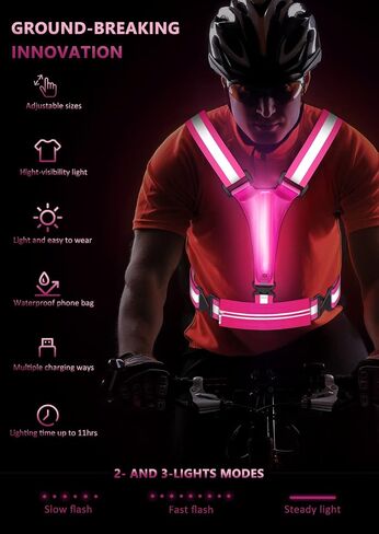 Ylzzrs LED سترة عاكسة للجري، قابلة لإعادة الشحن USB، صدرية جري، حامل هاتف على الصدر للعدائين والمشي ليلاً، خصر/كتف خفيف قابل للتعديل من 6 إلى 11 ساعة للنساء والرجال والأطفال in Kuwait