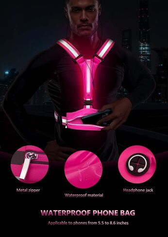 Ylzzrs LED سترة عاكسة للجري، قابلة لإعادة الشحن USB، صدرية جري، حامل هاتف على الصدر للعدائين والمشي ليلاً، خصر/كتف خفيف قابل للتعديل من 6 إلى 11 ساعة للنساء والرجال والأطفال in Kuwait