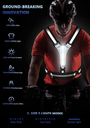 Ylzzrs LED Reflective Vest Running Gear, USB Rechargeable Light Up Running Vest Chest Phone Holder for Runners Night Walking,6-11hrs Light Adjustable Waist/Shoulder for Women Men Kids in Kuwait