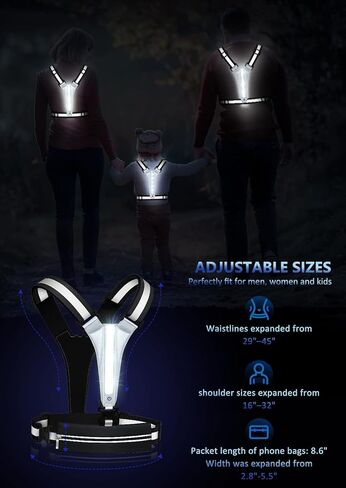 Ylzzrs LED Reflective Vest Running Gear, USB Rechargeable Light Up Running Vest Chest Phone Holder for Runners Night Walking,6-11hrs Light Adjustable Waist/Shoulder for Women Men Kids in Kuwait