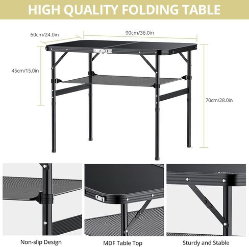 اي ان بي تي اي طاولة تخييم قابلة للطي، 90 سم × 60 سم، طاولة نزهة بارتفاع قابل للتعديل بحد اقصى 70 سم مع شبكة تخزين، طاولة محمولة من خليط معدني من الالومنيوم، خفيفة الوزن، مقبض محمول للسفر (اسود) in Kuwait