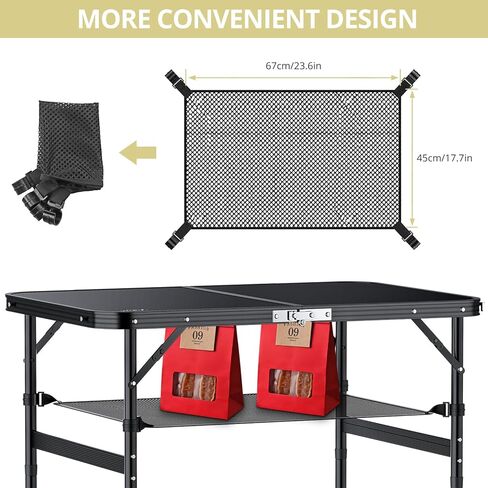 اي ان بي تي اي طاولة تخييم قابلة للطي، 90 سم × 60 سم، طاولة نزهة بارتفاع قابل للتعديل بحد اقصى 70 سم مع شبكة تخزين، طاولة محمولة من خليط معدني من الالومنيوم، خفيفة الوزن، مقبض محمول للسفر (اسود) in Kuwait