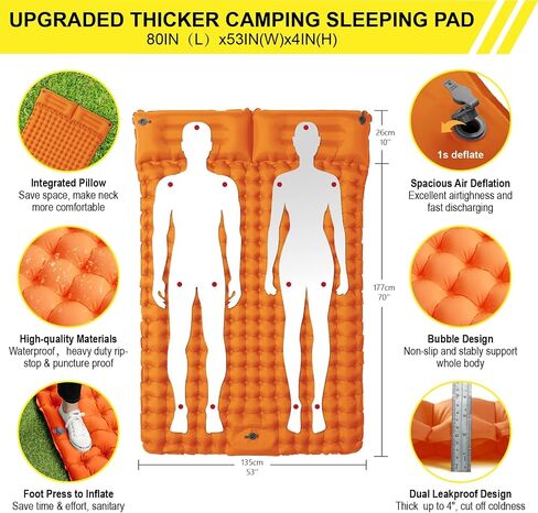 Double Sleeping Pad for Camping Inflatable 2 Person Sleeping Mat with Built-in Pump, Foot Press Ultralight Extra Thick Camping Mat with Pillow for Backpacking, Traveling, Hiking, Durable & Waterproof… in Saudi Arabia