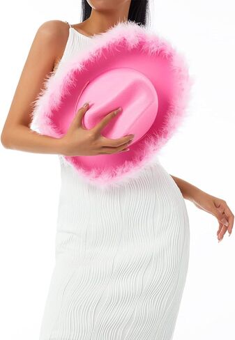 SNIAXXWL Fluffy Pink Felt Cowboy Hat for Women Blue Feather Glitter Cowgirl Hat Cap Headwear Fancy Dress Halloween Party Prop in Saudi Arabia