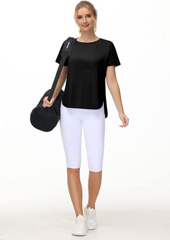 THE GYM PEOPLE Women's Workout T-Shirts Loose Fit Short Sleeve Cotton Running Basic Tee Tops with Split Hem in Saudi Arabia
