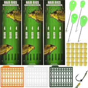 Carp Fishing Hair Rigs Kit,Boilies Fishing Bait Rig Curved Barbed Carp Hook Swivel Braided Thread Line with Corn Bait Stopper Needle Tool Carp Fishing Equipment Accessories