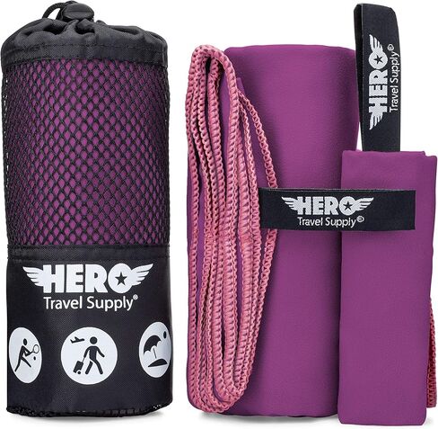 منشفة سفر من الألياف الدقيقة من Hero (24 × 48 بوصة) سريعة الجفاف وخفيفة الوزن وصغيرة الحجم للشاطئ والتخييم وصالة الألعاب الرياضية والمشي لمسافات طويلة. منشفة شاطئ من الألياف الدقيقة سريعة الجفاف مع منشفة إضافية + حقيبة حمل in Kuwait