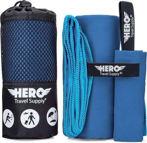 منشفة سفر من الألياف الدقيقة من Hero (24 × 48 بوصة) سريعة الجفاف وخفيفة الوزن وصغيرة الحجم للشاطئ والتخييم وصالة الألعاب الرياضية والمشي لمسافات طويلة. منشفة شاطئ من الألياف الدقيقة سريعة الجفاف مع منشفة إضافية + حقيبة حمل in Kuwait