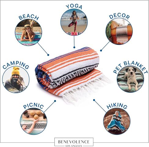 Benevolence LA Authentic Mexican Cotton Acrylic Blanket - Handwoven Serape Blanket, Perfect for Beachs, Picnic, Outdoor, Yoga, Camping, Car, Woven, Rust Mandarin, 45x70 inches in Kuwait
