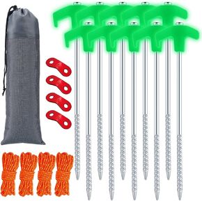 أوتاد خيمة - 10 قطع من أوتاد خيمة التخييم الفلورسنت المجلفنة، أوتاد معدنية شديدة التحمل وحبل عاكس بطول 52.5 قدم وحقيبة تخزين وإكسسوارات ضبط الحبل in Kuwait