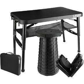 Small Folding Table and Stool, Camp Table, Portable Table, Adjustable Height, Camping Table That Fold Up Lightweight, 4 Foot Outdoor Folding Table, Picnic Table, RV Table, Lap Table