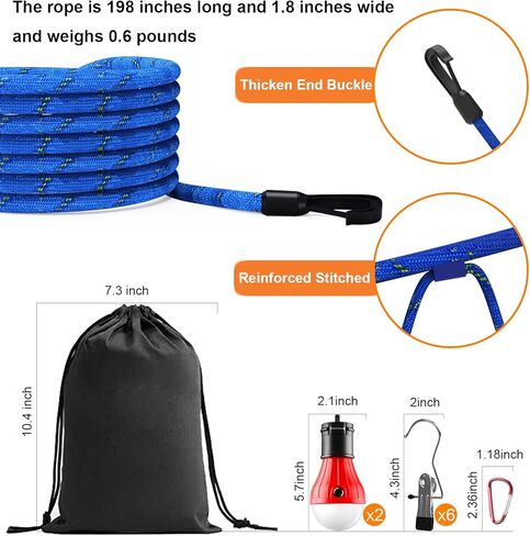 Camping Accessories Campsite Storage Strap, with 2 LED Camping Lights, 16ft Adjustable Tent Camping Lanyard Rope Clothesline, for Outdoor Hammock Hanging Camping Gear and Equipment, Tent Accessories in Kuwait