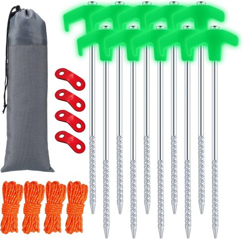 أوتاد خيمة - 10 قطع من أوتاد خيمة التخييم الفلورسنت المجلفنة، أوتاد معدنية شديدة التحمل وحبل عاكس بطول 52.5 قدم وحقيبة تخزين وإكسسوارات ضبط الحبل in Kuwait