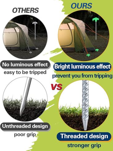 أوتاد خيمة - 10 قطع من أوتاد خيمة التخييم الفلورسنت المجلفنة، أوتاد معدنية شديدة التحمل وحبل عاكس بطول 52.5 قدم وحقيبة تخزين وإكسسوارات ضبط الحبل in Kuwait