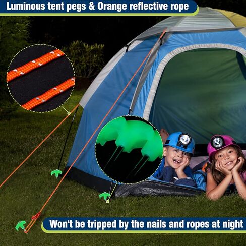 أوتاد خيمة - 10 قطع من أوتاد خيمة التخييم الفلورسنت المجلفنة، أوتاد معدنية شديدة التحمل وحبل عاكس بطول 52.5 قدم وحقيبة تخزين وإكسسوارات ضبط الحبل in Kuwait