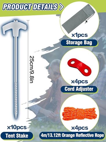 أوتاد خيمة - 10 قطع من أوتاد خيمة التخييم الفلورسنت المجلفنة، أوتاد معدنية شديدة التحمل وحبل عاكس بطول 52.5 قدم وحقيبة تخزين وإكسسوارات ضبط الحبل in Kuwait