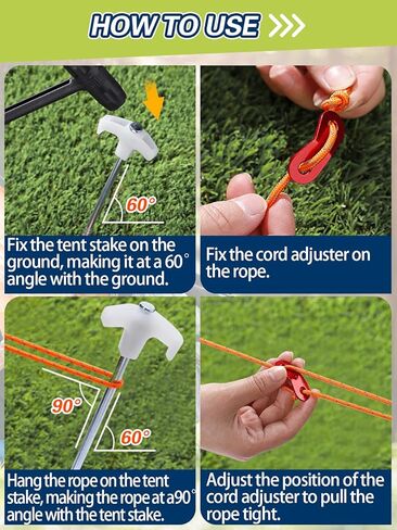 أوتاد خيمة - 10 قطع من أوتاد خيمة التخييم الفلورسنت المجلفنة، أوتاد معدنية شديدة التحمل وحبل عاكس بطول 52.5 قدم وحقيبة تخزين وإكسسوارات ضبط الحبل in Kuwait