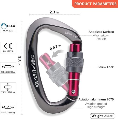 CAMNAL Heavy Duty Carabiner UIAA Certified Locking Carabiner 25KN (About 5620 lbs) Screw Lock Carabiner D Shape Carabiner Clip for Rock Climbing, Mountaineer, Aerial Work in Saudi Arabia