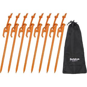 Sutekus Heavy Duty Steel Tent Stakes Color Tarp Pegs Solid Camping Stakes with Reflective Pull Cord for Outdoor Camping Garden Canopy, 8"/8PCS (Red)