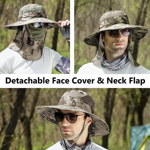 UPF 50+ Sun Fishing Hat for Men Women Wide Brim Hat with Detachable Face Cover & Neck Flap in Kuwait