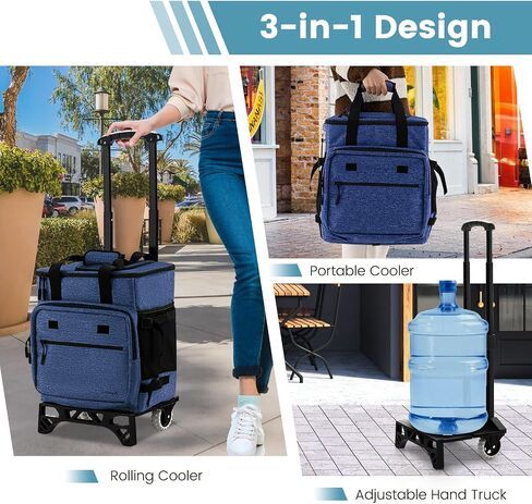 Goplus 50-Can Collapsible Rolling Cooler, 3-in-1 Portable Insulated Soft Cooler Bag w/Movable Wheels, Adjustable Handle, Leakproof Cooler Trolley for Beach Camping Patio Travel Outdoor in Saudi Arabia