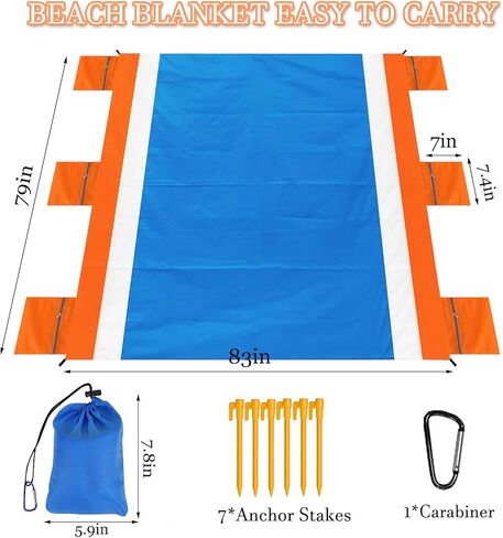 سجادة الشاطئ، بطانية شاطئ كبيرة الحجم مقاومة للرمل، سجادة شاطئ محمولة سريعة الجفاف، 83 بوصة × 79 بوصة بطانية شاطئ كبيرة مقاومة للماء ومقاومة للرمل من أجل 2-5 بالغين مع 6 أوتاد، للسفر على الشاطئ، والتخييم، والمشي لمسافات طويلة in Kuwait