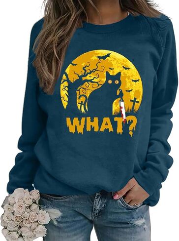 Halloween Black Cat Sweatshirt Women Funny Cat What Shirt Fall Horror Sweaters Long Sleeve Crew Neck Pullover Tops in Saudi Arabia