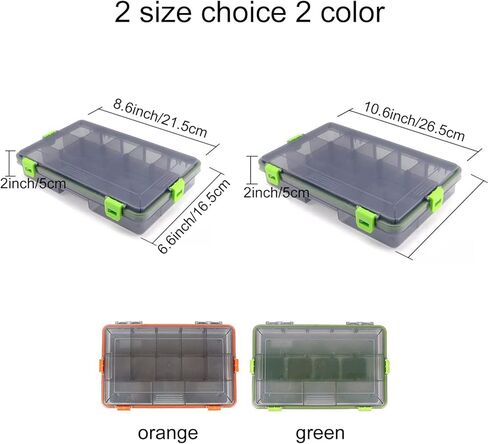 2 قطعة من صناديق أدوات الصيد المقاومة للماء من JOYGO FISHAN، صندوق منظم Trags DIY، فواصل شفافة قابلة للتعديل، تحمل صندوق طُعم الصيد، سهل الفتح، مزالج اختيار مقاسين (برتقالي + أخضر 10.6 × 6.6 × 2 بوصة) in Kuwait