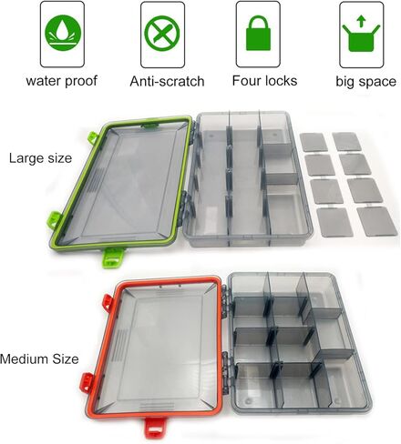 2 قطعة من صناديق أدوات الصيد المقاومة للماء من JOYGO FISHAN، صندوق منظم Trags DIY، فواصل شفافة قابلة للتعديل، تحمل صندوق طُعم الصيد، سهل الفتح، مزالج اختيار مقاسين (برتقالي + أخضر 10.6 × 6.6 × 2 بوصة) in Kuwait