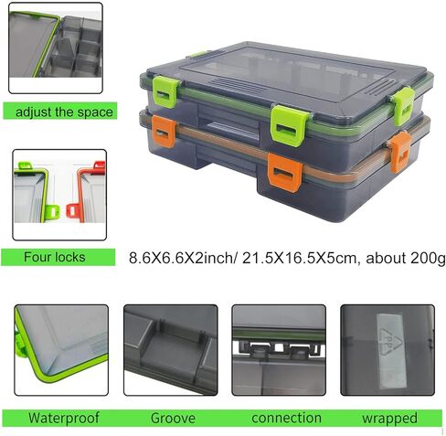 2 قطعة من صناديق أدوات الصيد المقاومة للماء من JOYGO FISHAN، صندوق منظم Trags DIY، فواصل شفافة قابلة للتعديل، تحمل صندوق طُعم الصيد، سهل الفتح، مزالج اختيار مقاسين (برتقالي + أخضر 10.6 × 6.6 × 2 بوصة) in Kuwait
