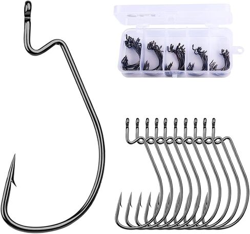 50pcs Fishing Hooks for Freshwater Saltwater, EWG Offset Wide Gap Worm Hooks Circle Hooks for Bass Fishing, 5 Sizes High Carbon Steel Fish Hooks 1# 2# 1/0 2/0 3/0, Fish Gear Equipment Supplies in Saudi Arabia